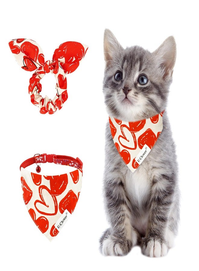 E-Clover Cat Collar-Cat Collars & Matching Scrunchie with Removable Bandana Bell Adjustable for Kitten Kitty Girl Owner Valentines Red Heart - Image 1